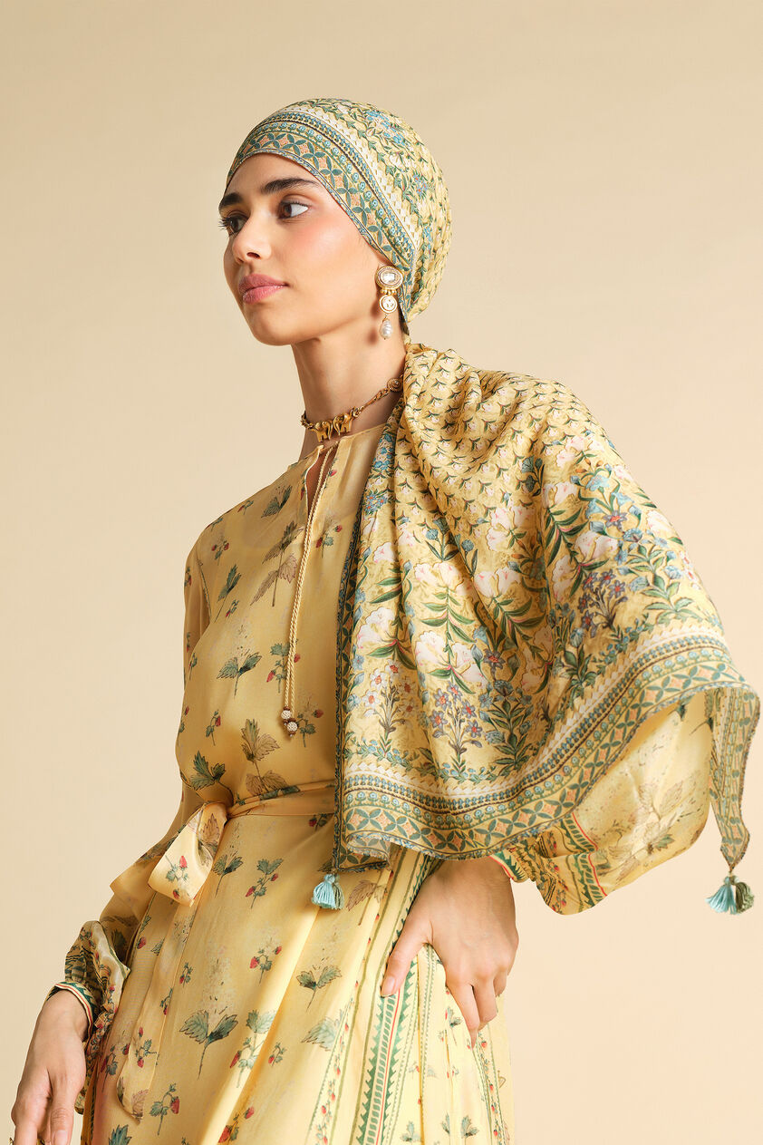 Honeydew Printed Silk Stole - Yellow, Yellow, image 2